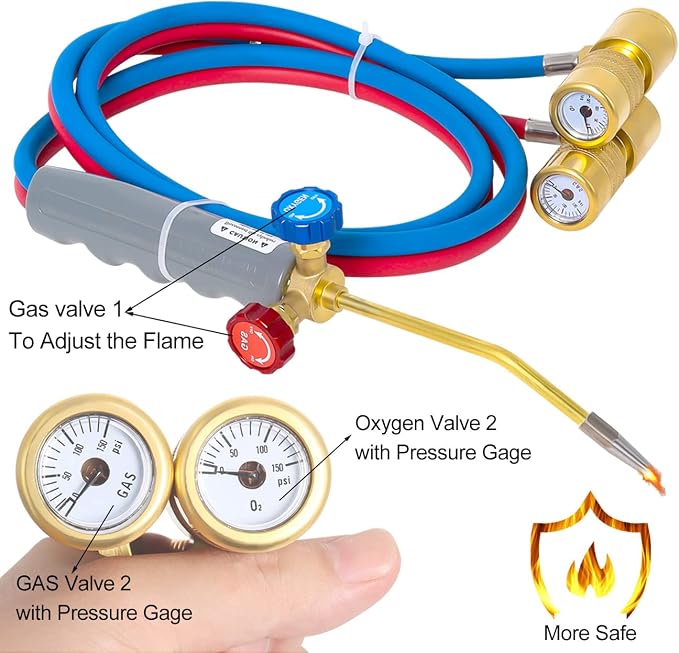 Brazing Torch Kit Compatible with MAPP Cutting Torch Propane, Update Brass Pressure Meter with Portable Cylinder Metal Stand for Heating, Glass Blowing,Soldering, Jewelry HVAC Welding Torch kit