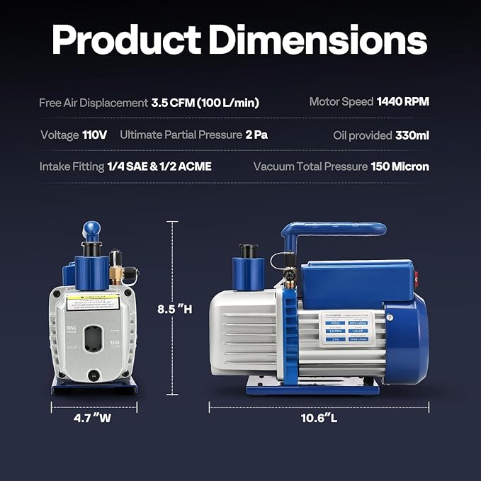 VIVOHOME 1/4 HP 3.5 CFM 1 Stage A2L HVAC Vacuum Pump, Sparkless Motor for R32 R1234yf R454B R134a R22 R410a Systems, Auto AC Vacuum Pump for Air Conditioner Refrigeration Maintenance with Oil Bottle