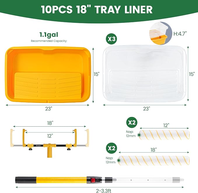 Voomey 18" Paint Roller Kit,10Pc Paint Roller Tray with Liner,12" 18" Microfiber Paint Roller,Paint Extension Pole,Suitable for DIY Interior Walls, Rooms