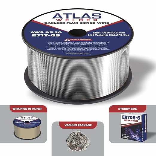 ATLASWELDER Flux Core Welding Wire, E71T-GS .030 Inch 2LB, Gasless Mild Steel MIG Welding Wire with Low Spatter for All Position Welding