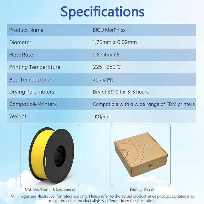BIQU MorPhlex Flexible Filament 1.75mm, Turn 90A Into Ultra-Soft 75A with High Flexibility, 1Kg (2.2lbs) Spool - Dimensional Accuracy ±0.02 mm, Beginner-Friendly (Yellow)
