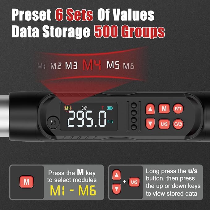 VANPO 1/2 Drive Digital Angle Torque Wrench 14.7-295 ft.lb, ±2% Accuracy | 20-400 Nm Electronic Torque Wrench, Buzzer LED Vibration Alarm, Perfect for Heavy Duty Truck, Bus & Diesel Repair