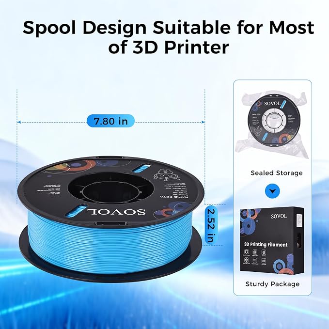 Sovol 3D Printer Rapid PETG Filament 1.75mm 1KG (2.2lbs), High Precision, Strong Toughness, Wiring Tightness, Dimensional Accuracy +/- 0.03 mm, 3D Printing High Speed PETG Filaments, Sky Blue