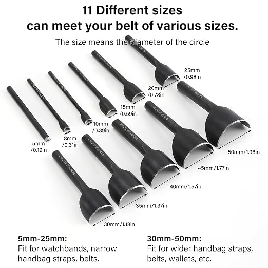 WUTA Half-Round Punch Set,Black Carbon Steel Leather Craft Tools,Leather Hole Punch Tool for Wallets,Strap Belts,Bags(11Pcs)