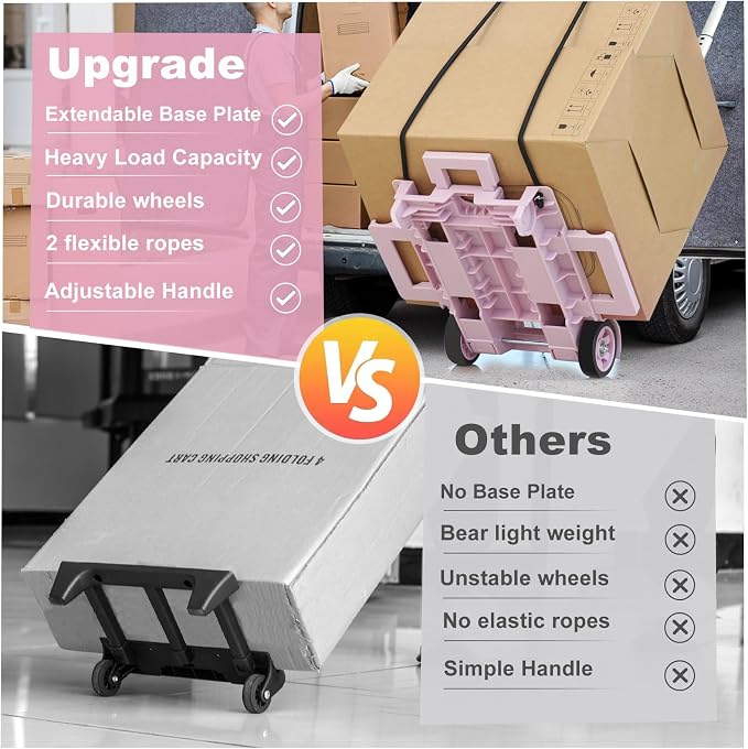 Folding Dolly Pink Hand Cart,Folding Hand Truck Aluminum Trolley,Small Dolly, Foldable Hand Cart 2 Wheel Luggage Trolley Expandable Large Chassis Foldable into Backpack Car Trunk