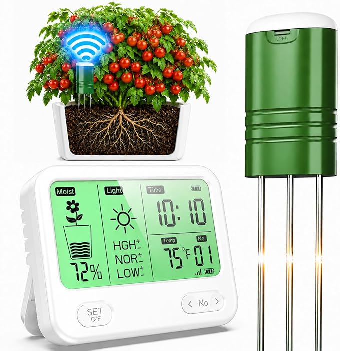 Soil Moisture Meter for Plants,4-in-1 Wireless Soil Tester,Soil Thermometer/Moisture/Sunlight Time,Large Screen,Indoor/Outdoor Plant Water Meter,Garden Soil Test Kit for Lawn,Farm,Houseplants(White)
