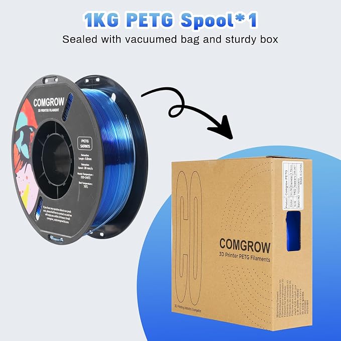 Comgrow PETG 3D Printer Filament 1.75mm, High Precision and Tough 3D Printer Filament 1kg (2.2LBS), Dimensional Accuracy +/- 0.02 mm, Fit Most 3D Printers Gradient Blue White
