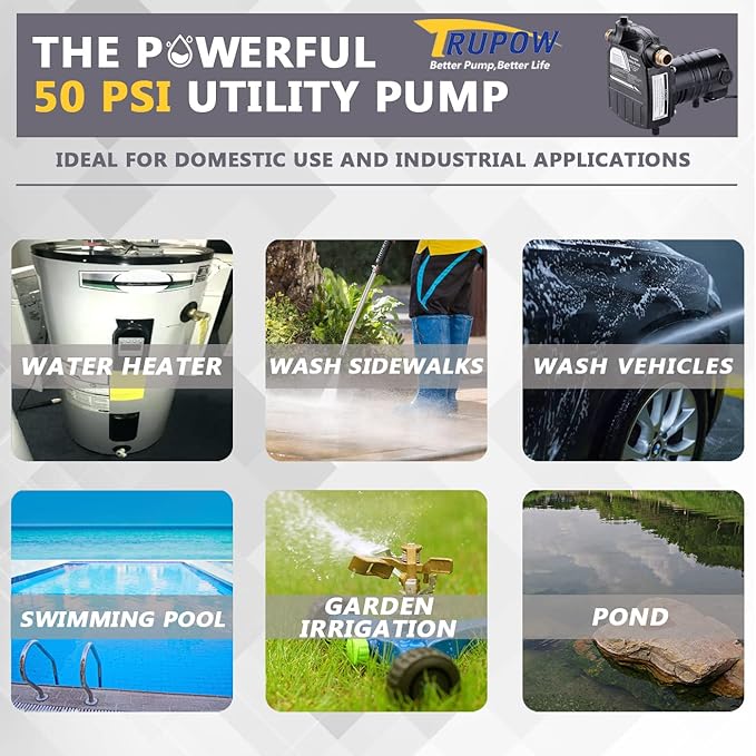 TRUPOW 1/2HP 1450GPH 115-Volt Cast Iron Portable Electric Power Utility Transfer Water Pump with Carbon Brush, Filter, Brass Connectors, for Garden, Rain Barrel, Pool, Pond, Hot Tub, Aquarium Draining