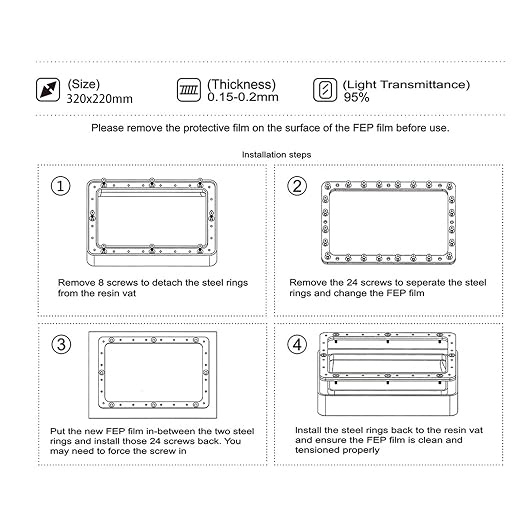 KOYOFEI 6 PCS FEP Film 3D Printer Accessories Spare Parts, FEP Film for ELEGOO Jupiter, Jupiter SE, Photon M3 Max 12.8-13.6 inch Resin 3D Printers 380x260x0.15mm