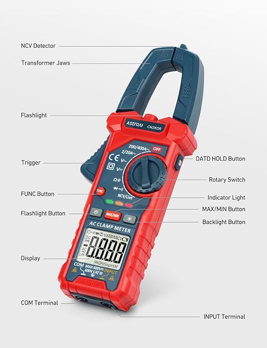 AstroAI Digital Clamp Meter Multimeter 2000 Counts Amp Voltage Tester Auto-ranging with AC/DC Voltage, AC Current, Resistance, Capacitance, Continuity, Live Wire Test, NCV, Blue (Pack of 2)