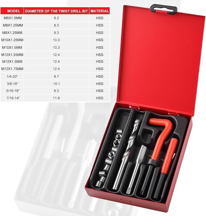 Helicoil Metric Thread Repair Insert Kit, M9X1.25mm Rethreading | Thread Repair kit with HSS Drill Bits, Rethreading Inserts Tool Set for Damaged Thread Repairing with Carry Case