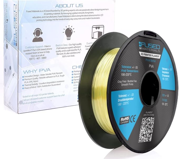 Fused Materials PVA Filament 1.75mm – Water-Soluble Support Material for 3D Printing – Compatible with Bambu Lab, Polymaker, Overture, and More – Works with PLA, PETG, Nylon, ABS – Clear & Transparent