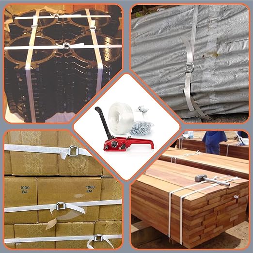 Heavy Duty Pallet Strapping Tools Kit for 1/2"~3/4" Strap,100 pcs Strapping Buckles and 3/4" x 820' Woven Cord Strapping Roll,2000 lbs Break Strength