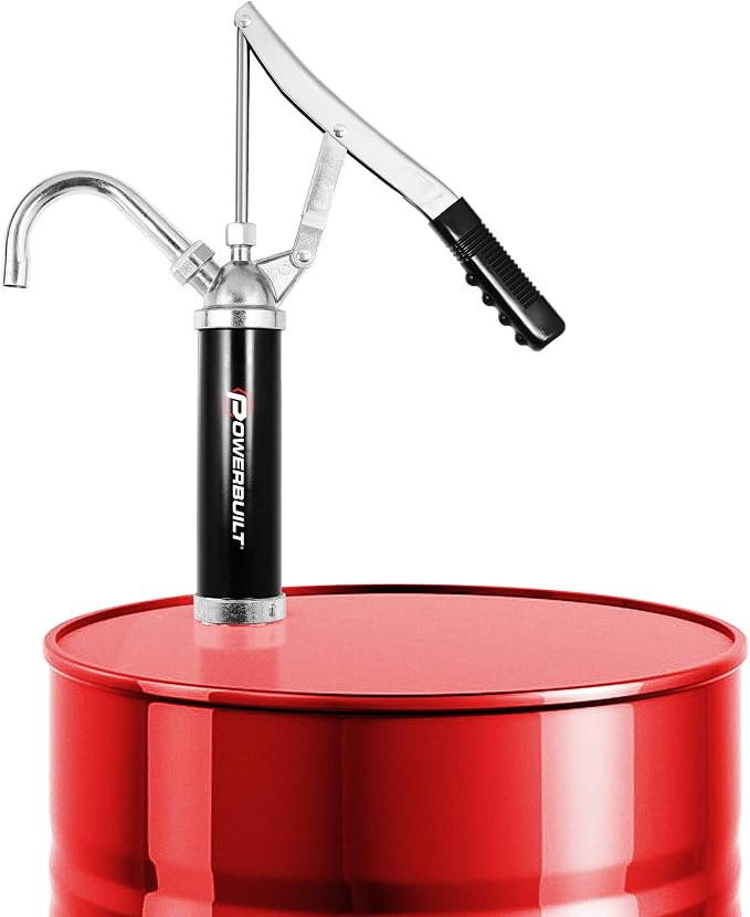 Powerbuilt Heavy Duty Level Action Barrel Pump, Drum Pump with Telescoping Suction Tube Fits 15 to 55 Gallon Drums, For Transferring Motor Oil, Heating Oil, Transmission Fluid- 648770