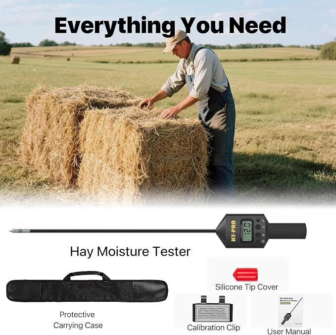 Hay Moisture Tester with 20" Probe, Moisture & Temperature Meter for Round and Square Hay Bales, Fast Backlit Readings, Calibration Clip Included, Black