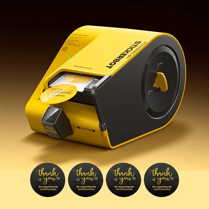 Automatic Sticker Dispenser—Multi-Size, Snap-in Preloaded Sticker Roll Cartridge—for Packaging, Gift Bags, Envelopes, Weddings & Events—Includes 750x1.5 Thank You Stickers (Yellow)