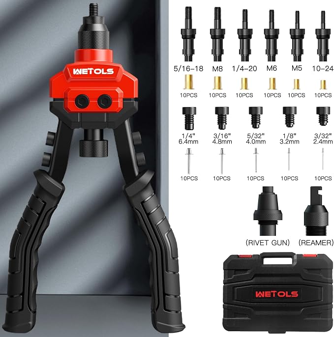 WETOLS 3 in 1 Rivet Nut Tool, Rivet Gun, Reamer Set, Professional Rivet Gun Kit with 5 Rivet Heads and 6 Metric & SAE Mandrels, Hand Riveter Tool with 50 Rivets and 60 Rivet Nuts, Sturdy Case, WE-890