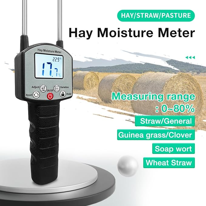 Digital Hay Moisture Meter Tester, Portable Hay Moisture Meter Tester with 12" Probe with LED Warning & Automatic Temperature Compensation for Forage and Alfalfa,Hay Moistures Testing