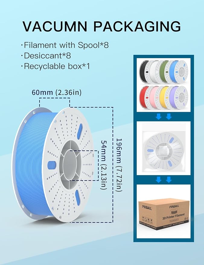PINBALL 8 KG Matte PLA 3D Printer Filament 1.75mm, Matte Surface Multicolor PLA Filament, Individually Vacuum Packed, 1kg Spool, 8 Rolls, Black+White+Red+Yellow+Blue+Green+Purple+Pink