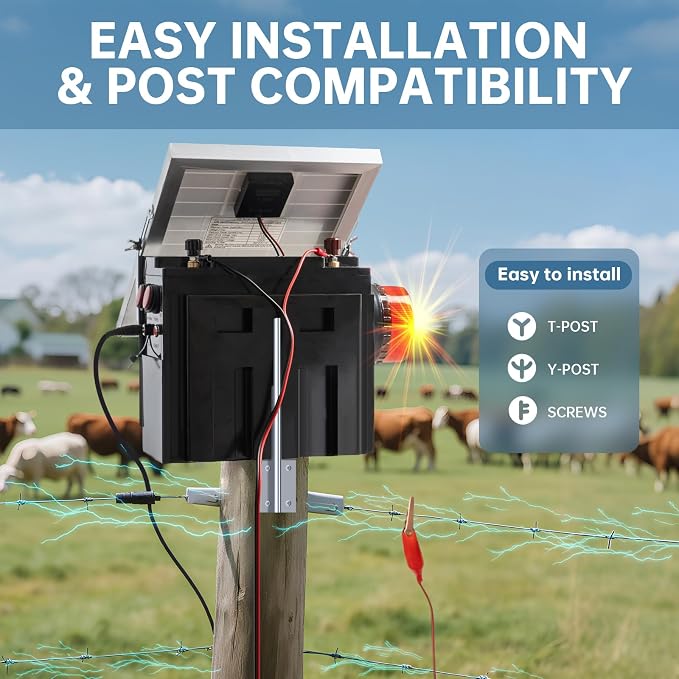 Solar Fence Charger with Warning Light, Briidea 1.2 Joules Solar Electric Fence Energizer, Dual Power (Solar & Adapter), Up to 10-Mile Range, IP64 Weather-Resistant, for Livestock, Garden & Pasture
