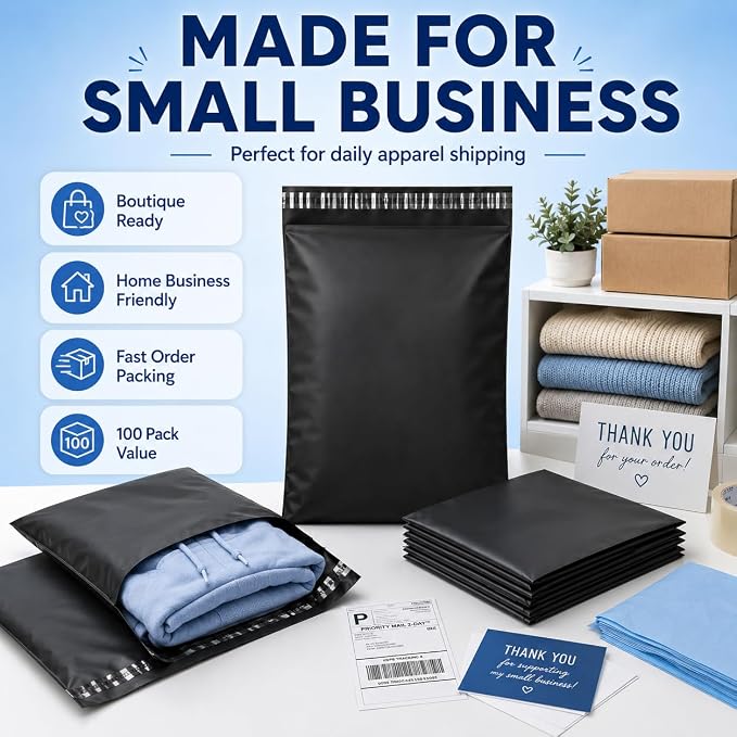 Fuxury Large Poly Mailers 14.5x19" 100Pcs,Shipping Bags for Clothing,Black | Heavy Duty Self Seal Mailing Envelopes,Durable Opaque Packaging Mailers Poly Bag For Large Clothes Business,Boutique&Online