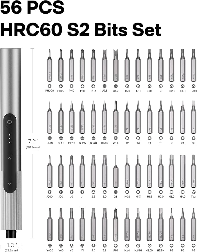 HOTO SNAPBLOQ™ S-A01 3.7V Electric Screwdriver, 56 Bits & 3 Torque Settings, LED Light, Eyeglass Repair Kit, Precision Screwdriver Set with Torx for Phone, Watch, Laptop, Gaming Consoles