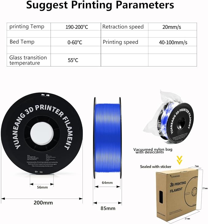 3D Printer Filament, Dimensional Accuracy +/- 0.02 mm, 1 kg Spool(2.2lbs), 1.75 mm PLA, Blue