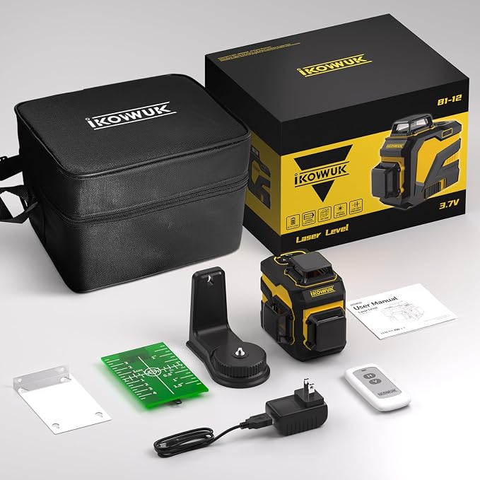 IKOVWUK Laser Level with 12 Green Lines, Built-in 5200 mAh Li-ion Battery | 3×360° Full Coverage, for Construction and Picture Hanging
