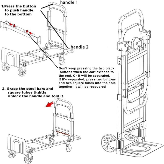 Black Convertible Hand Truck Dolly Cart with 4 Wheels Heavy Duty,500 Lbs Capacity, 2 Straps for Moving Furniture/Appliance/Carton/Warehouse/Office/no Need to Install, Follow Video to Fold