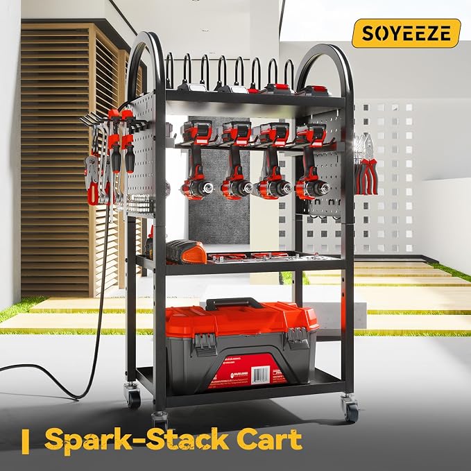 SOYEEZE Storage Cart on Wheels with 8 Outlet Power Strip, Rolling Utility Cart for Garage Organization, Power Tool Organizer with Charging Station, Tool Organizer Cart for Electric Drill/Toolbox