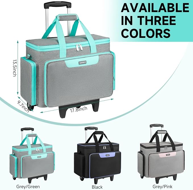 LEFOR·Z Rolling Sewing Machine Case with Wheels,Sewing Machine Carrying Bag,Trolley Tote Bag Fits for Most Standard Singer,Brother,Janome Sewing Machine and Accessories,Grey/Green