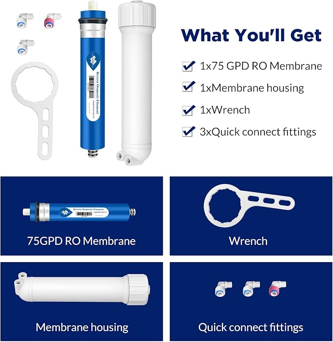 Membrane Solutions Post Inline Carbon Filters and 75 GPD Reverse Osmosis Membrane and 1812/2012 RO Housing with Wrench and Fittings