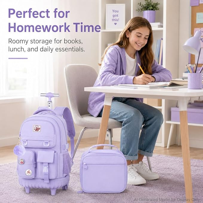 CCJPX Rolling Backpack for Girls Women, 21 inch Roller Wheels School Bookbag, Wheeled Suitcase Backpacks with Lunch Bag for Teen - Purple