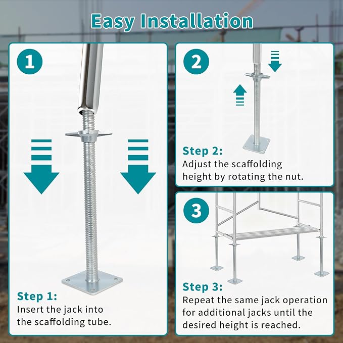 24" Adjustable Scaffolding Leaveling Jack, Galvanized Steel Hollow Screw Jack with Base Plate, 4 Pack