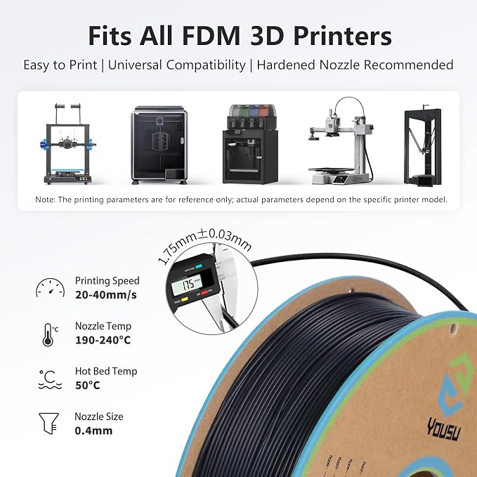 YOUSU Conductive PLA Filament 1.75mm(±0.03mm)1kg Black, ESD Electrically Conductive 3D Printing Material Compatible with FDM Printers 3D Pens for Sensor Functional Prototype
