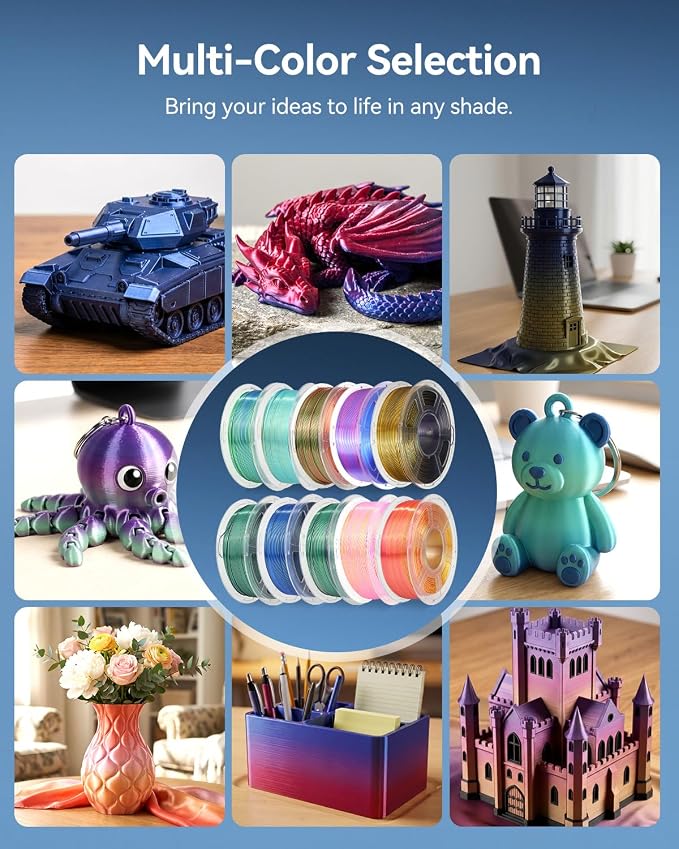 JAYO Silk Dual & Tri Color PLA Filament 1.75mm 10 Pack, Shiny Multicolor 3D Printer Filament Bundle, Blue-Green-Purple, Red-Yellow-Green & More, 1.1kg Spool Each, Compatible with Most FDM Printers