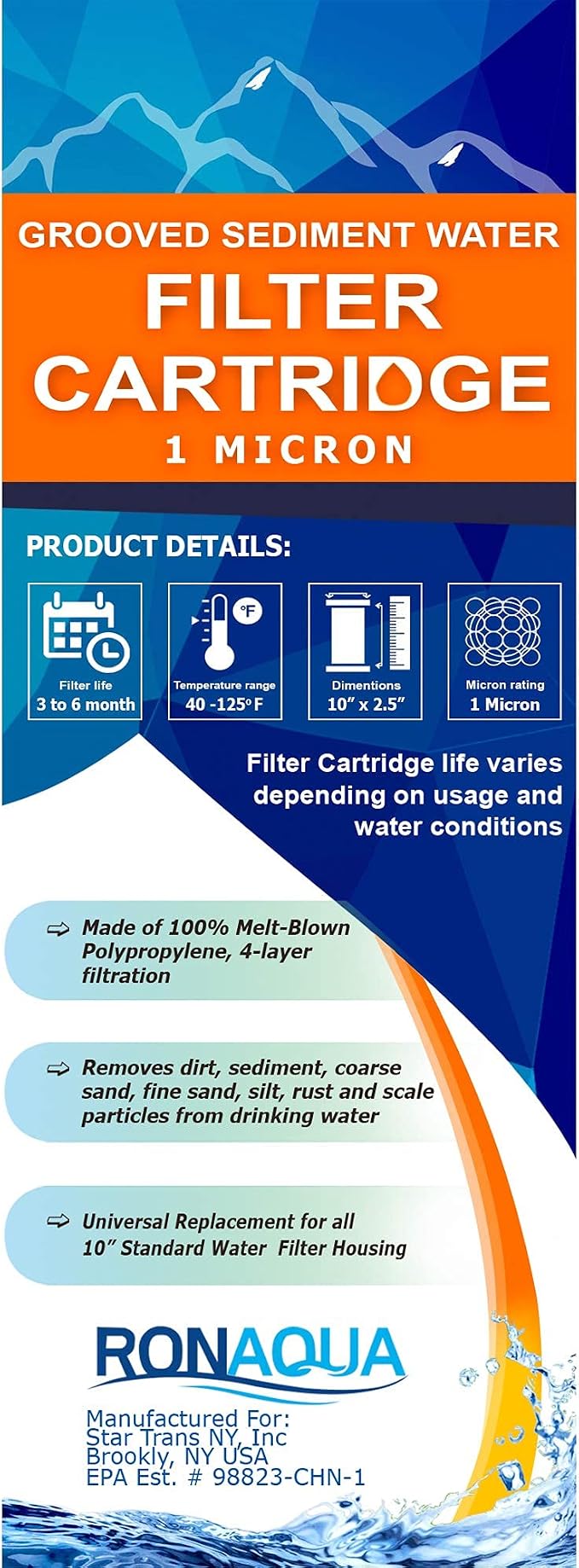 Grooved Sediment Water Filter Cartridge by Ronaqua 10"x 2.5", Four Layers of Filtration, Removes Sand, Dirt, Silt, Rust, made from Polypropylene (25 Pack, 1 Micron)