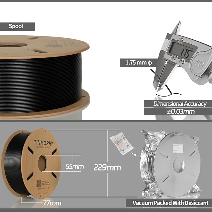 TINMORRY Carbon Fiber PETG Filament 1.75 mm, High Rigidity & Strength PETG CF 3D Printer Filament, Compatible with Most FDM 3D Printers, 2 KG 1 Spool, Black