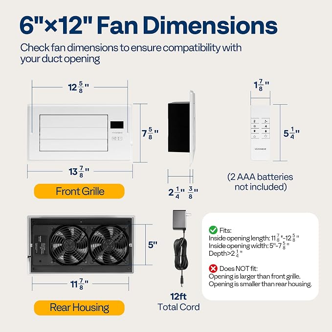 VIVOHOME Register Booster Fan - 6'' x 12'' Opening with Adjustable Louver - Smart Thermostat & 10-Speed WIFI App Control - AC Vent Fan for Floor, Ceiling, Wall - Quiet Operation (White)
