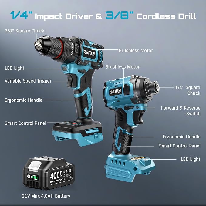 SEESII 21V Max Cordless Drill and Impact Driver, Power Tool Combo Kit Included 3/8'' Drill & 1/4'' Impact Driver, 2x 4000mAh Battery, Fast Charger, 20 pcs Driver Bit Set & Bag