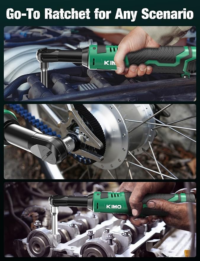 KIMO Extended Cordless Ratchet Wrench 3/8" Set, 400RPM 40Ft-Lbs 4-Inch Long Neck Electric Ratchet Wrench w/Variable Speed, 7 Sockets & 1/4" Adapter, 12V Power Ratchet Wrenches w/ 2x2.0 Ah Batteries