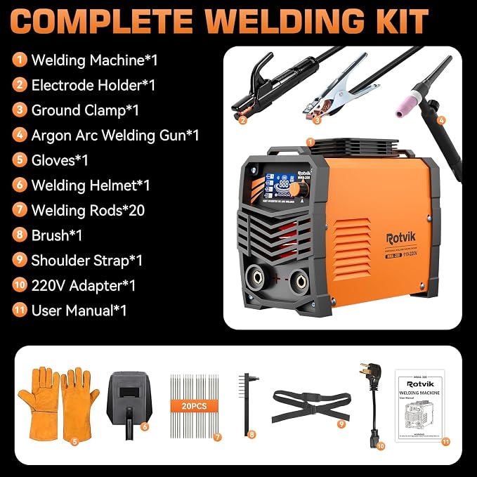 200Amp Stick Welder-Large LED Display, 110V/220V Dual Voltage Portable MMA Welding Machine with Hot Start, Arc force and Anti-Stick, Lift TIG Torch & 220V Adapter, 20PCS Rods Stick Welder