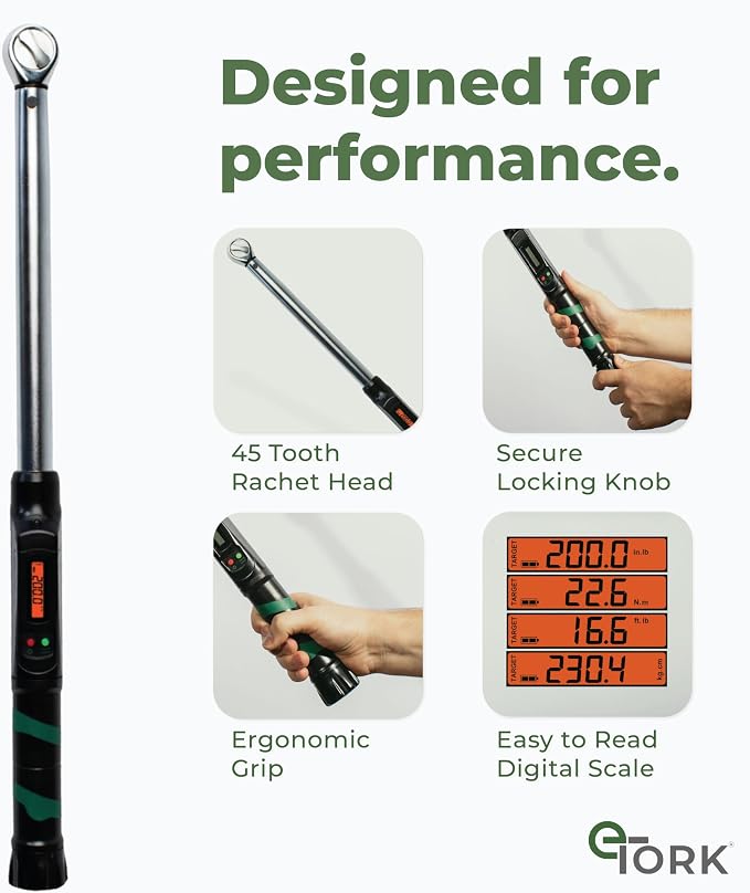 eTORK 1/2" Digital Torque Wrench, 25-250 ft-lb Heavy-Duty Automotive Tool | 1/2" Drive With Backlit Display for Automotive Maintenance, Motorcycle Service, Truck Repair, and Garage Projects