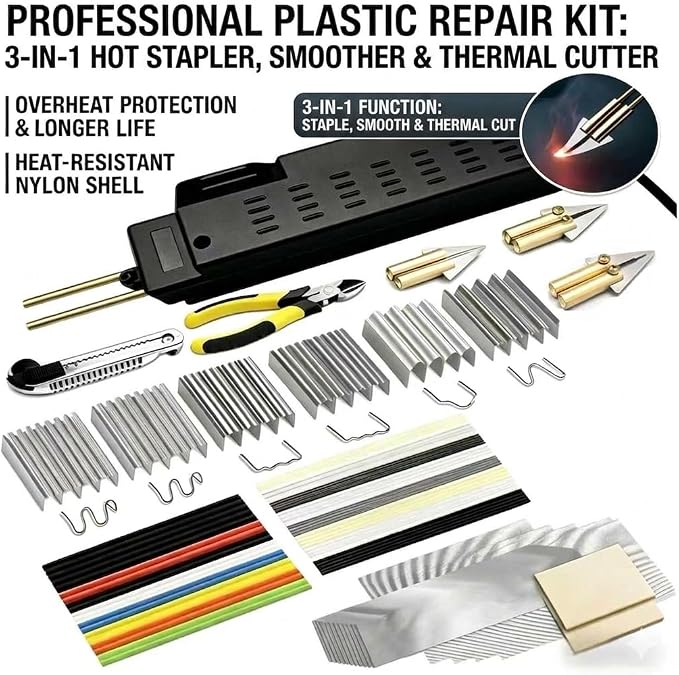 Upgraded 250W Plastic Welder, 3-in-1 Plastic Welder Kit Hot Stapler Repair Tool with Thermal Cutting,Staple Welding & Smoothing,Heat-Resistant Nylon Shell,1200 Staples & 120 Welding Rods Included