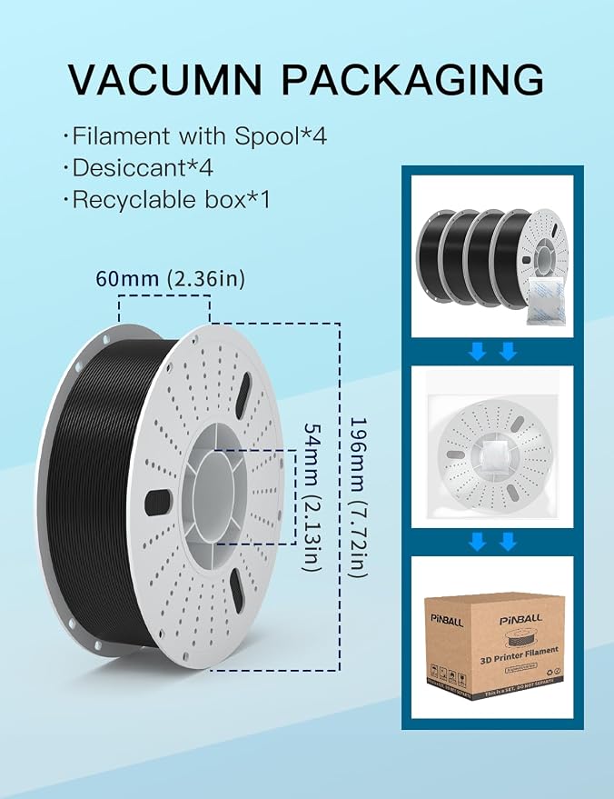 PINBALL PETG 3D Printer Filament 1.75mm High Precision Durable Moisture-Proof Strong Filament Mith Better Flow Dimensional Accuracy +/- 0.02mm Suitable for Most FDM 3D Printers 4 Kilograms Black