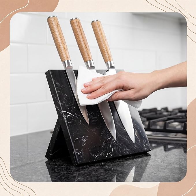Magnetic Knife Block Marble Black Magnetic Knife Holder Heavy Duty Knives Block Stand with Strong Magnets for Countertop Kitchen Storage, 8.46 x 10.24 Inches