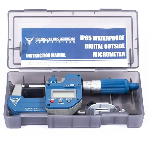 PEC Tools IP65 Absolute Origin Digital Micrometer 0-1"/25mm | Oil & Splashproof, High Accuracy with LCD Display, Carbide Measuring Faces, Spindle Lock, Inch/Metric Conversion