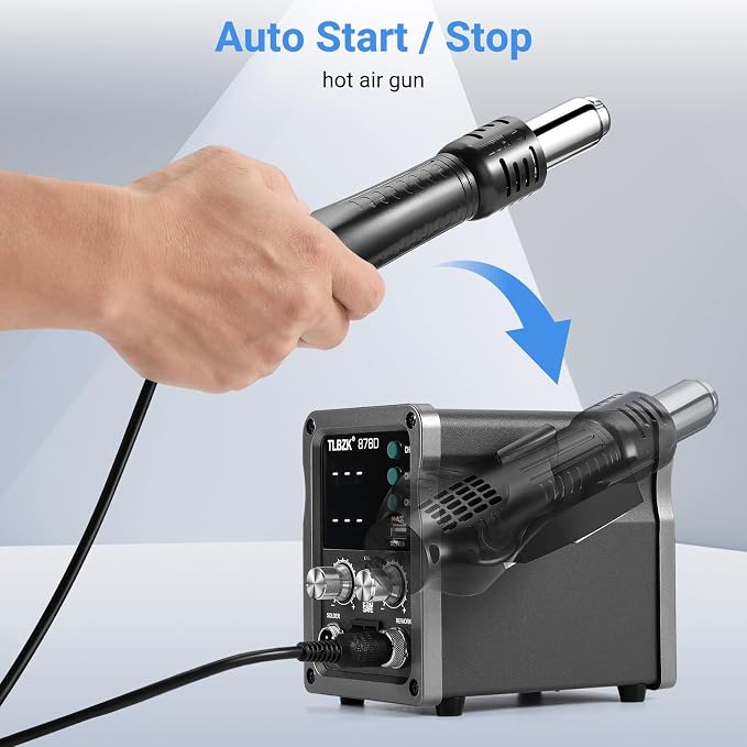 878D 2-in-1 Hot Air Soldering Iron Station Kit for Rework, Desoldering Pump, 5 Soldering Tips, 3 Hot Air Nozzles,Tweezers, IC extractor