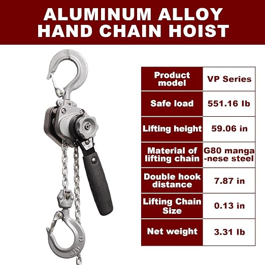 Hand Chain Hoist, 1/4 Ton (550 Lbs) Capacity, 5 FT Lift, Manual Chain Block with G80 Alloy Steel Chain & 2 Heavy Duty Hooks, for Garage, Warehouse, Construction