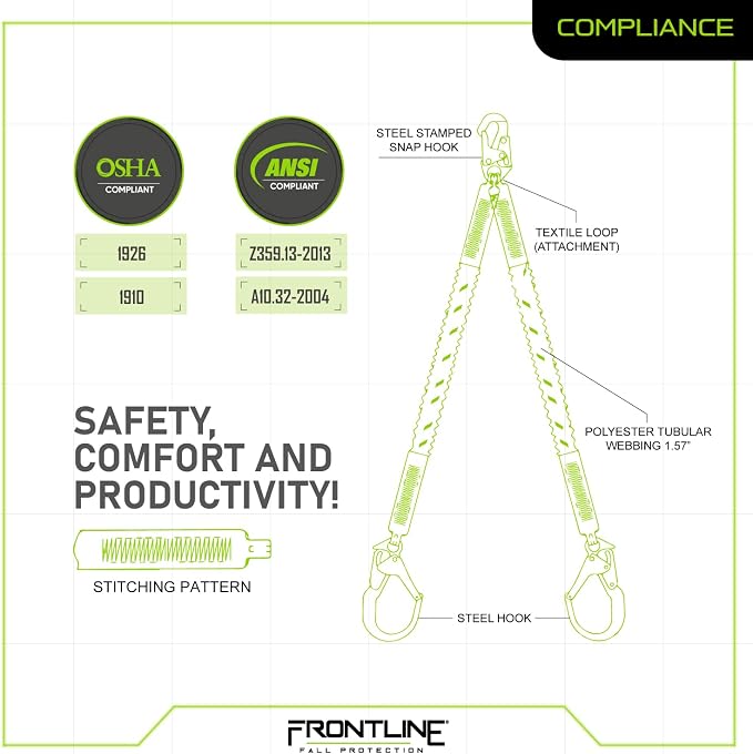 Frontline LIS62RA Elastic Double Leg 6' Lanyard with Aluminum Rebar Hooks | Twin Lanyard 1 Snap Hook and 2 Rebar Hook Ends | ANSI & OSHA Compliant Fall Protection | 6000 lbs. Min. Breaking Strength
